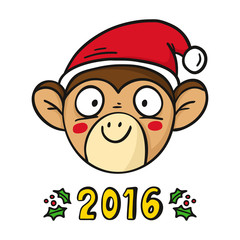 Vector monkey in Santa's hat, chinese new year 2016 symbol, isolated on white