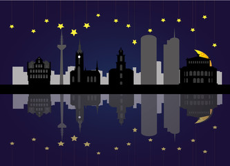 frankfurt germany city skyline at night in moonlight wing