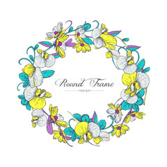 Vintage floral greeting card. Round frame of flowers.