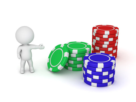 3D Character Showing Three Stack of Poker Chips