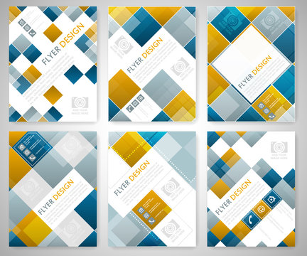 Set of geometric flyer template design with blue and red square elements. Cover layout, brochure or corporate banner.