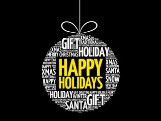 Happy Holidays christmas ball word cloud, holidays lettering collage