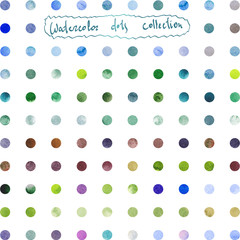 Watercolor collection with simple polka dot pattern. Isolated green, blue, grey, violet, purple spots. Retro hand drawn circles ornament. Round shapes pattern. Grunge colorful rounds shapes. 