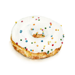 Obraz na płótnie Canvas Isolated watercolor sweet donut with sprinkling colored confectionery