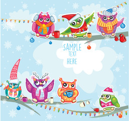 Merry Christmas card with Owls