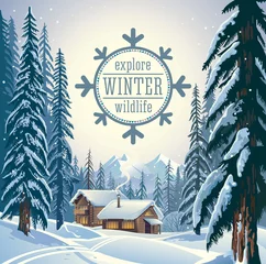 Poster Winterwaldlandschaft mit Fichten und Bergen. © Rustic