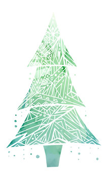 Card with doodle Christmas tree and green watercolor background