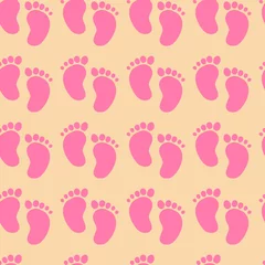 Fotobehang Seamless pattern with cute pink  footprints © tatianamakhakhei