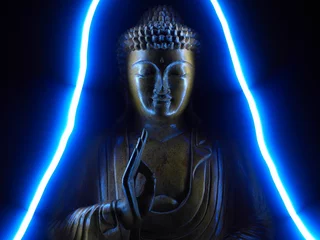Crédence de cuisine en verre imprimé Bouddha Bouddha avec Aura Bleu néon