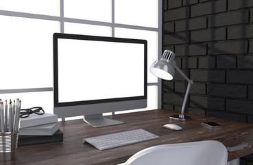 3D illustration PC screen on table in office, Workspace