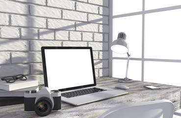3D illustration laptop and work stuff on table near brick wall, Workspace