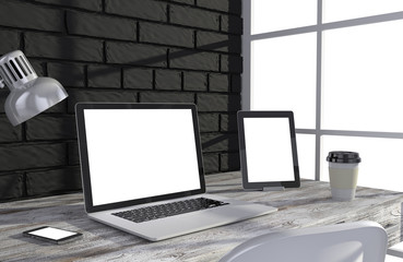 3D illustration laptop and work stuff on table near brick wall, Workspace