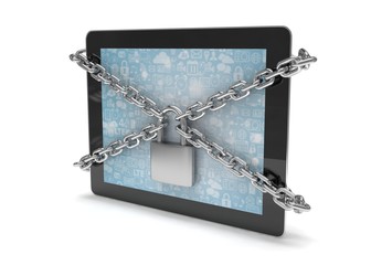 tablet PC with chains and lock isolated on white background