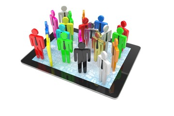 group of people figures on tablet PC, 3d render