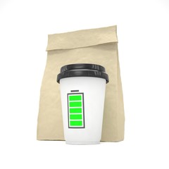 Coffee to go and lunch bag, on white.