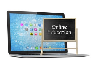  Laptop with chalkboard, online education concept