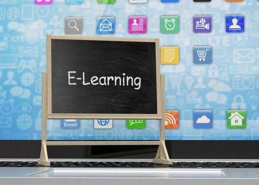  Laptop with chalkboard, e-learning, online education concept