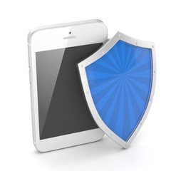 Smartphone and shield on white, security concept