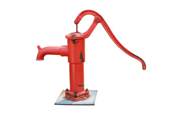 Old red water pump on white background