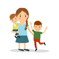 Mother with children. Young woman and two boys