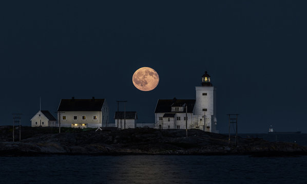 Homborsund Lighthouse At Night, Grimstad, Norway