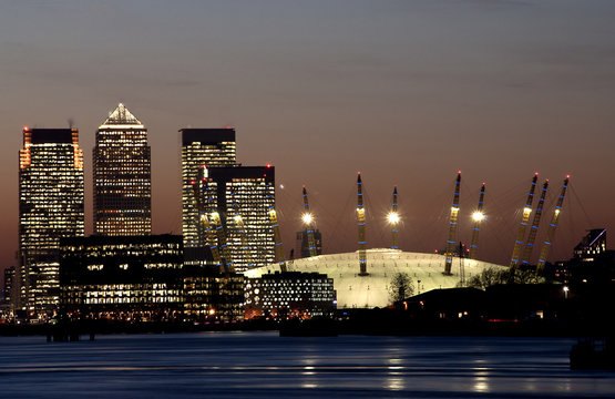 Canary Wharf and O2 at Night, London, England