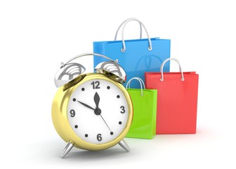alarm clock and shopping bag, time to buy concept