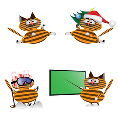red cat with black stripes running from the tree, skiing in a cap and glasses near blackboard with a pointer. Vector illustration