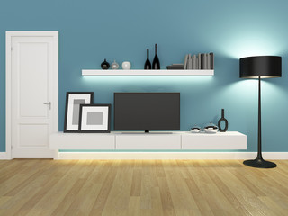blue living room with tv stand and bookcase - rendering