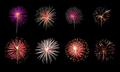 A variety of colorful fireworks isolated on black background