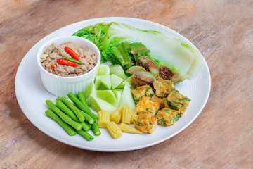 Fried mackerel with shrimp paste sauce with boiled vegetables(Nam phrik PLA TU),Thai food