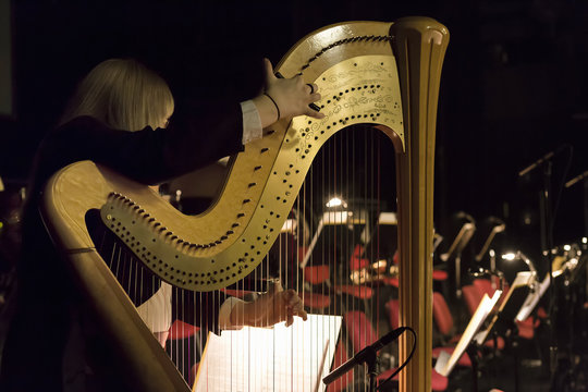 Part of musical instrument called harp in abstract background