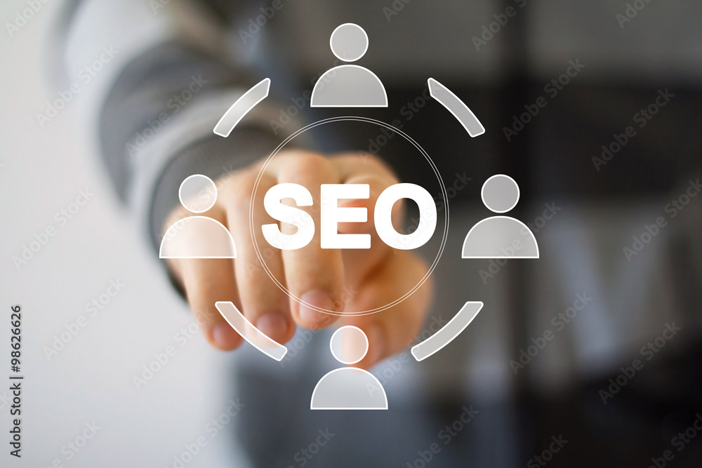 Poster businessman push virtual icon button with seo web