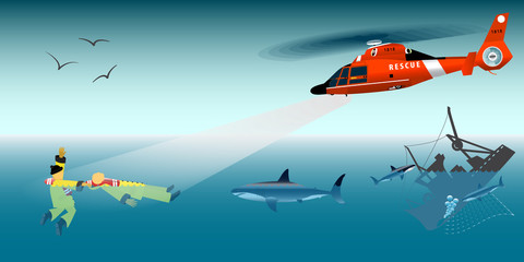 Vector illustration. Red rescue helicopter and fishermen at sea. The collapse of the sea. A sinking ship. Shark. Fishing net. Rescue at sea. © VVVDALLAS