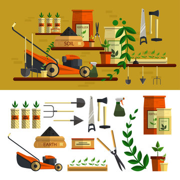Gardening tools illustration. Vector icon set flat design. Work in garden concept. Lawn mower, soil, tools