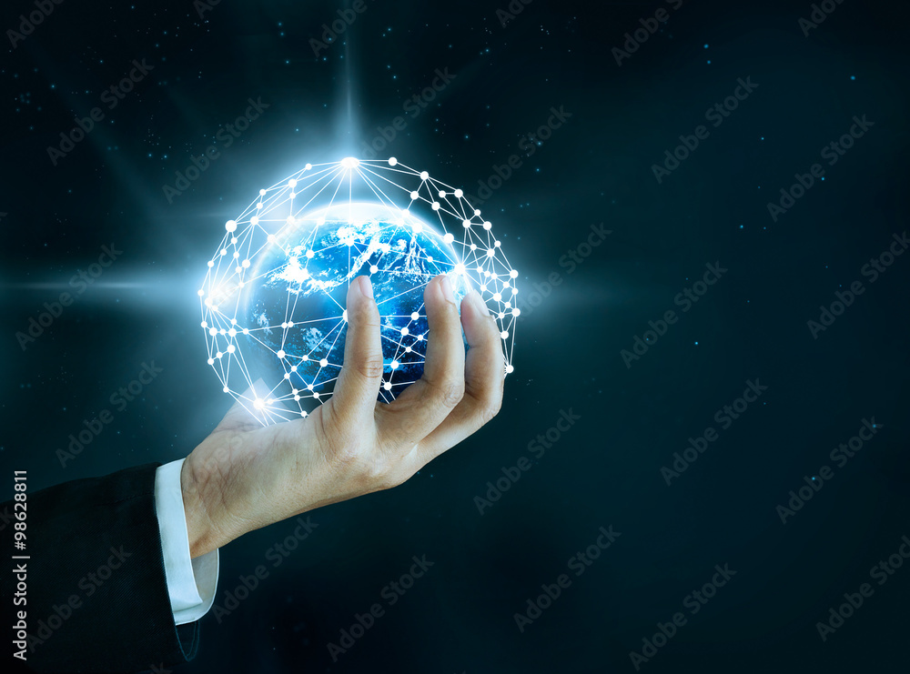 Poster Abstract science, circle global network connection in hand on star background