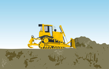 Obraz na płótnie Canvas Yellow big digger builds roads gigging of hole ground works digging of sand coal waste rock and gravel illustration for internet banner poster or icon flatten isolated illustration master vector