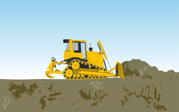 Yellow big digger builds roads gigging of hole ground works digging of sand coal waste rock and gravel illustration for internet banner poster or icon flatten isolated illustration master vector