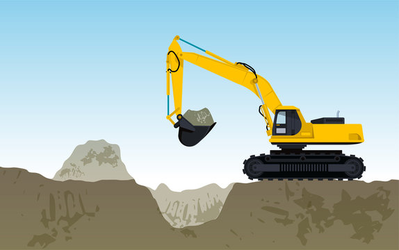 Yellow big digger builds roads gigging of hole ground works digging of sand coal waste rock and gravel illustration for internet banner poster or icon flatten isolated illustration vector