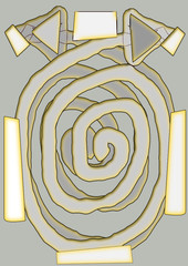 Dos flechas en espiral grises en fondo gris con seis letreros blancos