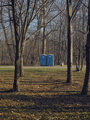 Blue Portable Toilets - obrazy, fototapety, plakaty