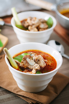 Hot and spicy soup with pork ribs,shallow Depth of Field,Focus on  pork ribs.