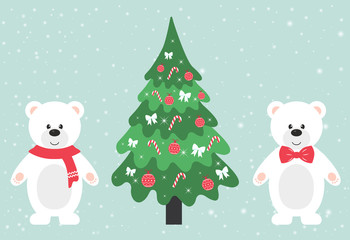 winter bear with a scarf and tie and fir-tree