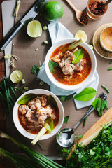 Hot and spicy soup with pork ribs,shallow Depth of Field,Focus on  pork ribs.