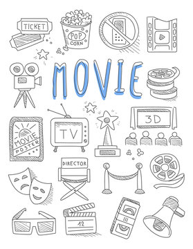 Cinema doodles set of hand drawn  vector 