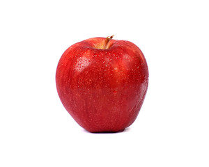 Ripe red apple with water drop on a white background.