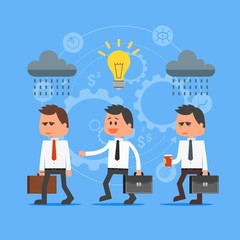 Cartoon businessman with idea outstanding from crowd. Vector concept illustration in flat design. Creative ideas, gears, man characters
