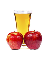 Glass of apple juice with red apples isolated on white