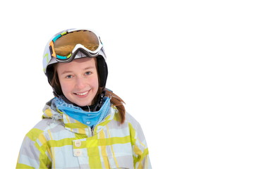 Young smiling woman in ski helmet and goggles  