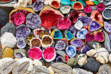 Selection of colorful minerals on a traditional Moroccan market